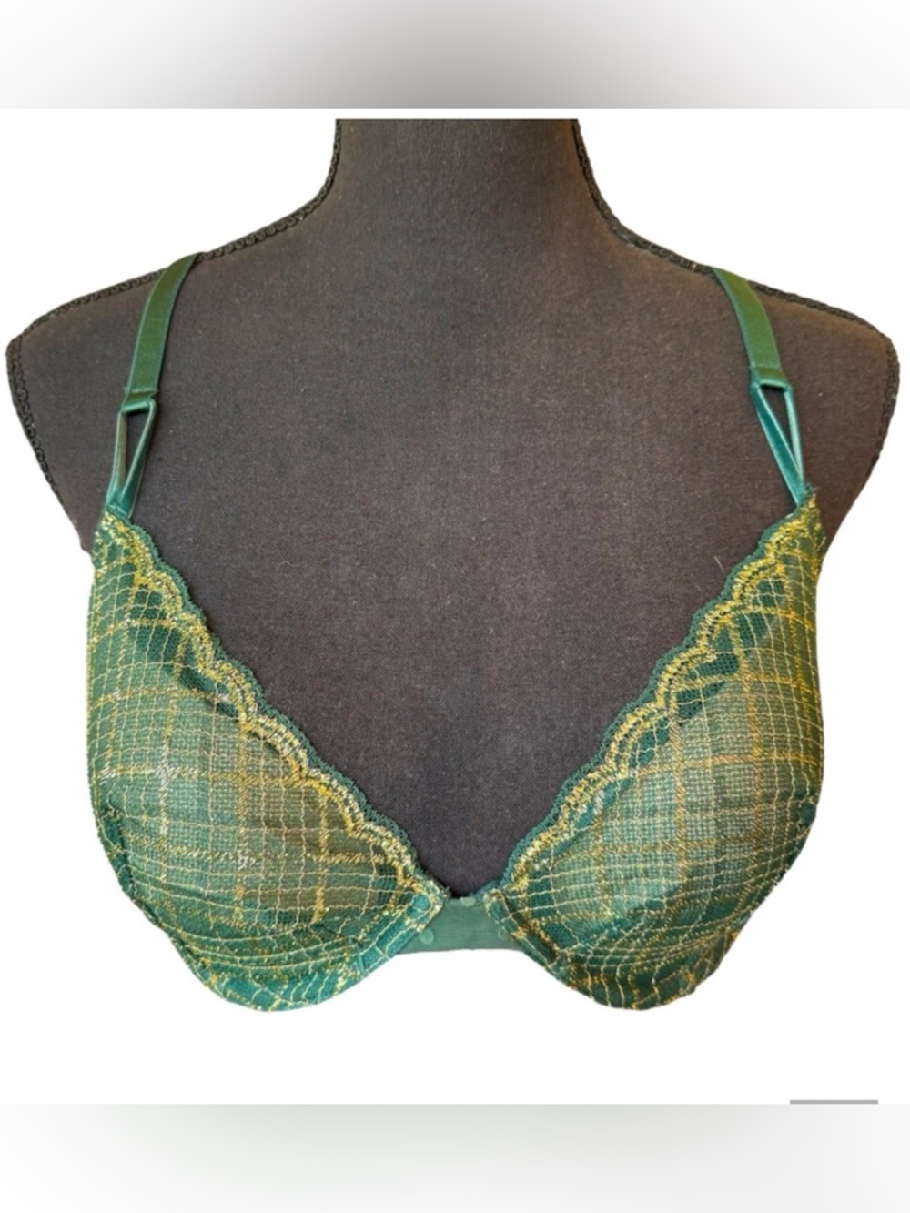 VICTORIA’S SECRET GREEN, GOLD PLAID SHIMMER SCALLOPED LACE UNLINED DEMI BRA 36D